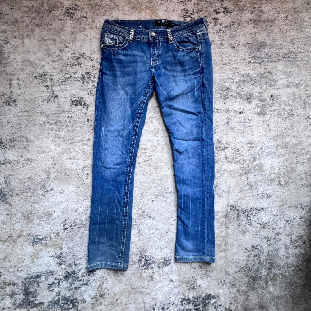 Y2K Premiere low rise skinny jeans blue denim with rhinestone details